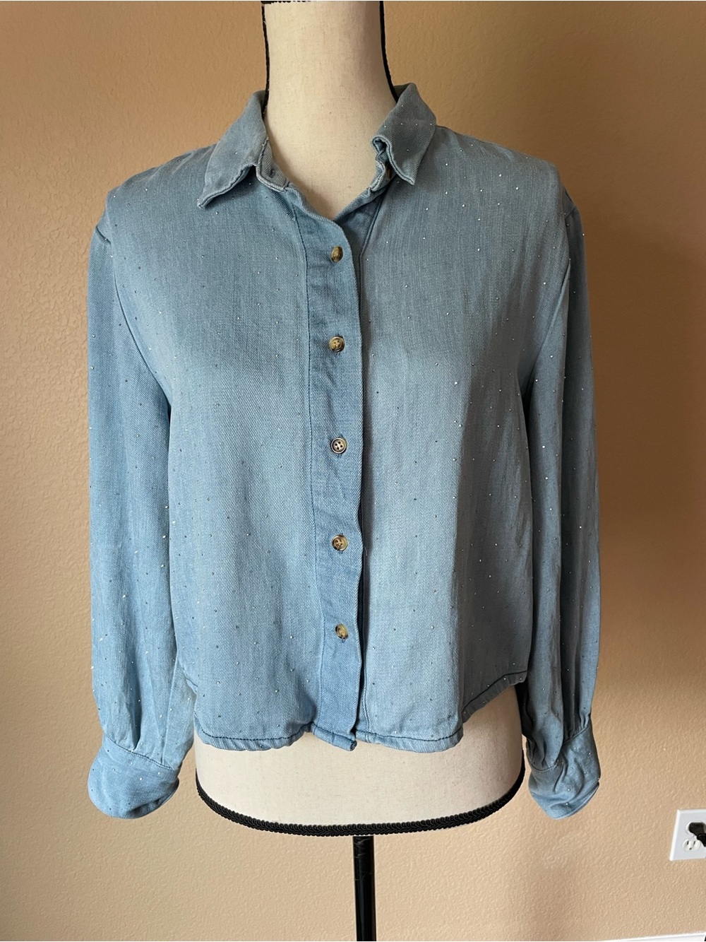 Tencel Blend Metal Rhinestone all over sparkle embellished Button-Down Shirt M